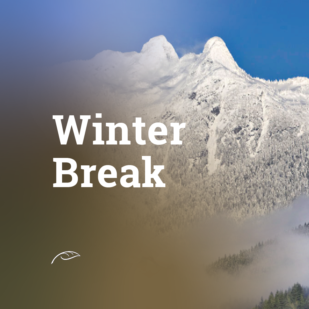 Promotional graphic reading “Winter Break” in large white text over a photograph of snow-covered mountain peaks beneath a bright blue sky.
